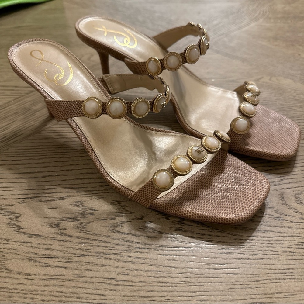 Sam Edelman Palma Kitten Heel Mule Slide Sandals Textured Pearl Beige Nude 9.5
